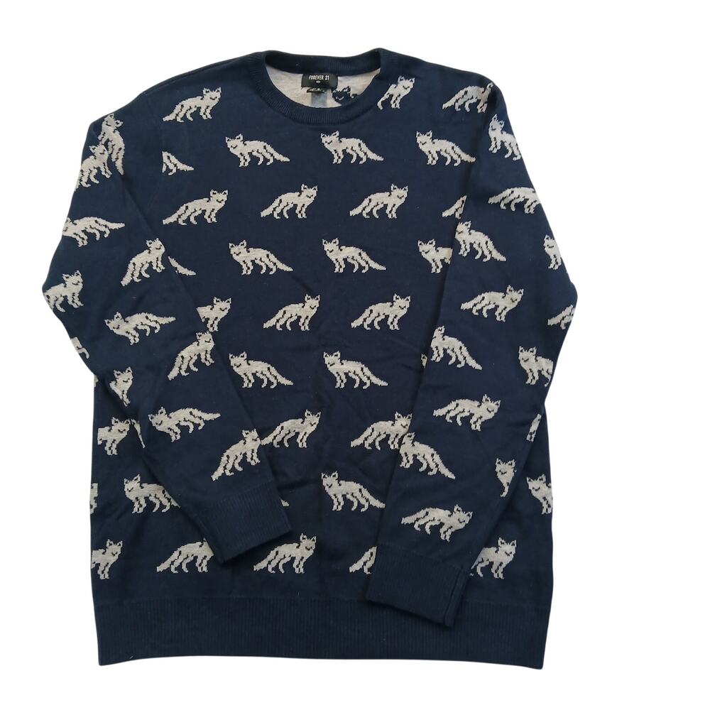Forever 21 Men M All Over Fox Pattern Knit Crewneck Pullover Sweater Blue